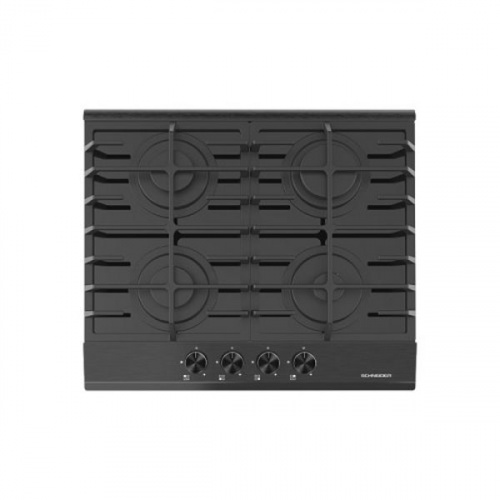60 CM GAS ON GLASS HOB – 4 BURNERS –  FRONT KNOBS – CAST IRON GRIDS – BLACK