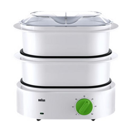 TributeCollection 850W, WHITE/GREEN, 2 STACKABLE STEAMING BOWLS, DRIP PAN, RICE