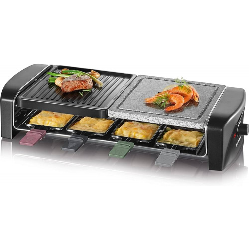 Raclette gril, pierre de cuisson, noir, 1400 W, 8 parts, manches caquelons color