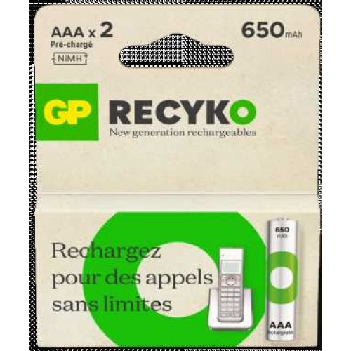 Blister de 2 piles rechargeable Recyko+ AAA 650mAh Dect Phone Power