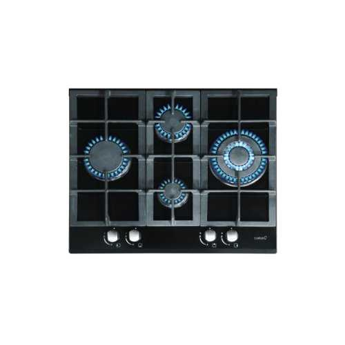 “Black glass gas hob with 4 burners and triple crown zone
Town gas/butane
Cast i